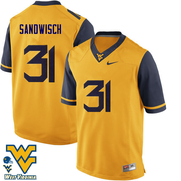 Men #31 Zach Sandwisch West Virginia Mountaineers College Football Jerseys-Gold